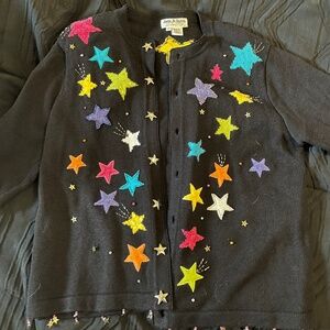Vintage Y2K Star Cardigan Sweater Colorful Retro Grunge Indie Oversized XL
